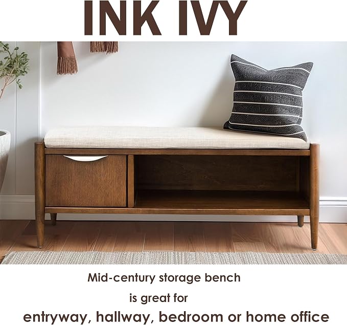 Ink+Ivy Arcadia Entryway Accent Bench with Shelf Shoe Rack, Padded Seating Bench for Living Room, Modern Compact Bed End Bench with Storage for Bedroom Seating, Removable Cushion, 42" W, Walnut Brown