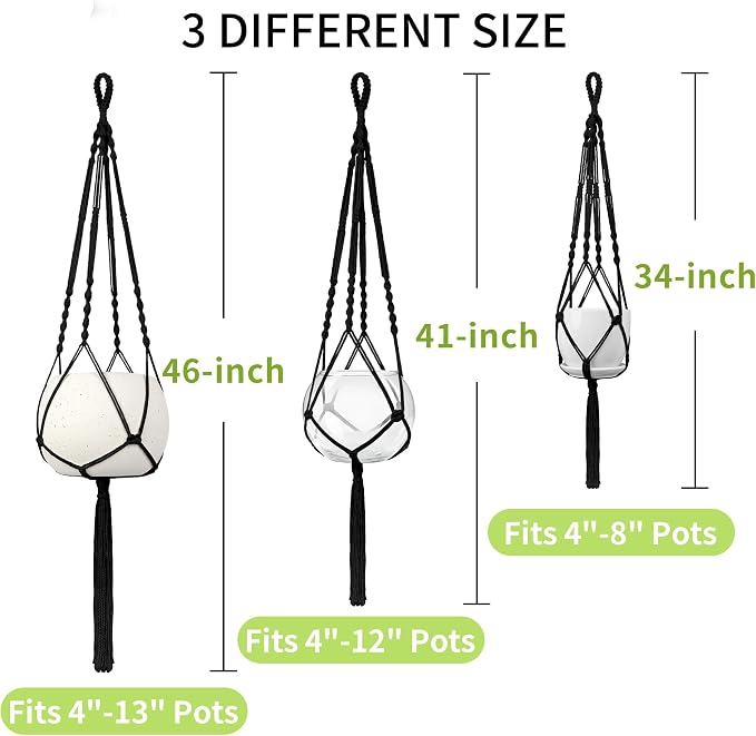 Macrame Plant Hanger - Fits 4-13 Inch Pots, 34"/41"/46" 3 Sizes Set, Hanging Planter Holder for Indoor Outdoor, Cotton Rope with Tassels Boho Home Decor, Black