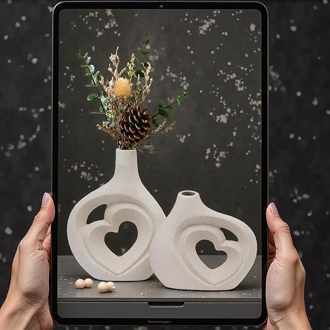 Cream White Ceramic Heart Shaped Vases Set of 2 for Decor, Nordic Flower Vase for Home, Table Centerpiece, Wedding, Living Room, Bookshelf, Office, Entryway (H 8.5in)