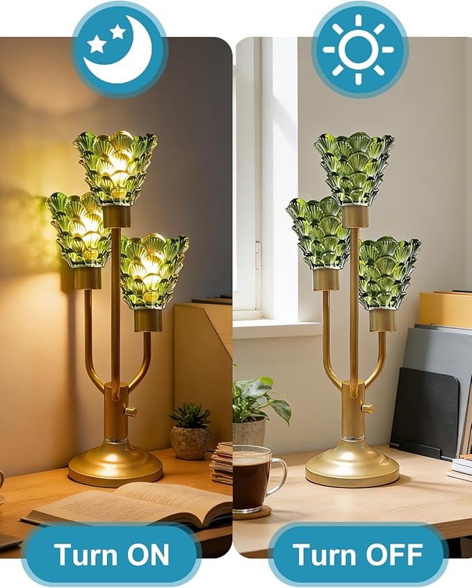 Lightdot Modern Glass Green Table Lamp for Living Room Dimmable Mid Century Gold Desk Lamp with Thickened Shell Glass 3 Bulbs Included 3000K Warmwhite Nightstand Lamp for Bedroom Bedside End Table