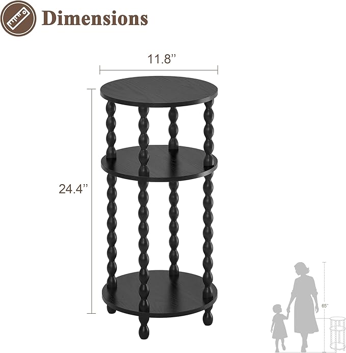 AWASEN Small Round Side Table, Black End Table with 3-Tier Open Shelf for Small Spaces, Round Bedside Table Nightstand for Bedroom, Living Room, Office, Black