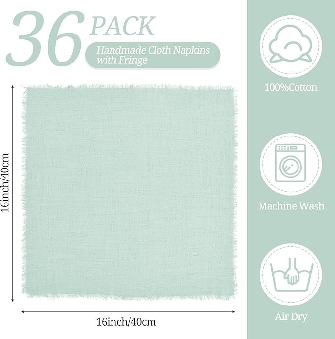 36 Pack Sage Green Cloth Napkins with Fringe,16 x 16 Inch Cotton Linen Napkin, Washable and Reusable Handmade Napkins, Soft Rustic Boho Cloth Napkin for Dinner, Party, Wedding,Bridal Shower and More