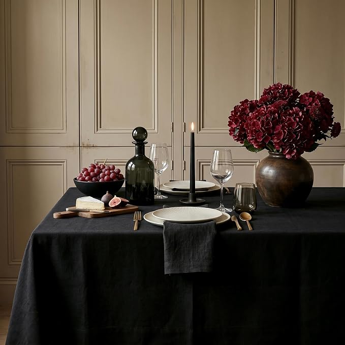Solino Home Black Linen Tablecloth 60 x 120 Inch - 100% Pure Linen Table Cloth for Rectangle Tables - Fete, Machine Washable Tablecloth