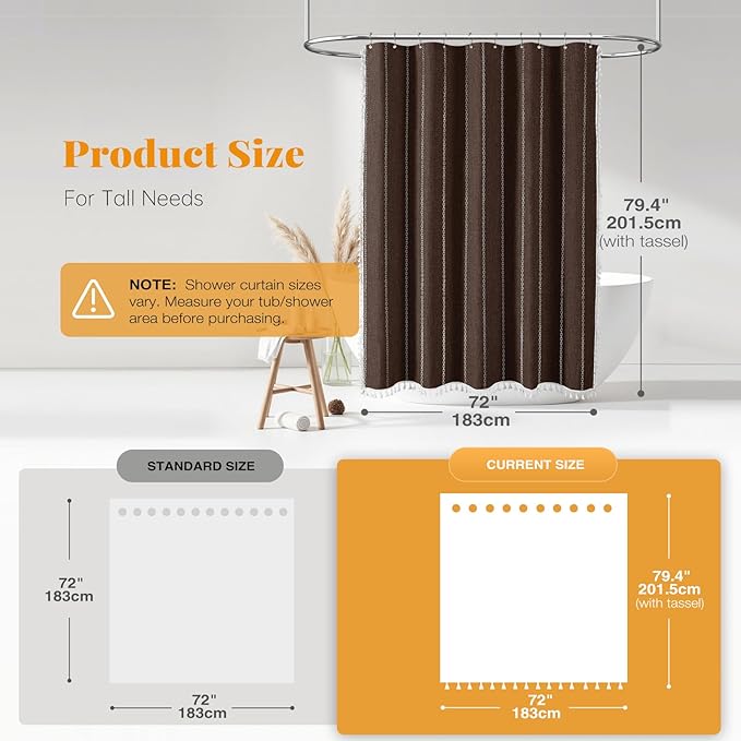 BTTN Boho Farmhouse Shower Curtain - Linen Rustic Heavy Duty Striped Fabric Shower Curtain Set, Bohemian Vintage Country Cloth Shower Curtains for Bathroom, Brown, 72" W x 78" L (Pack of 1)