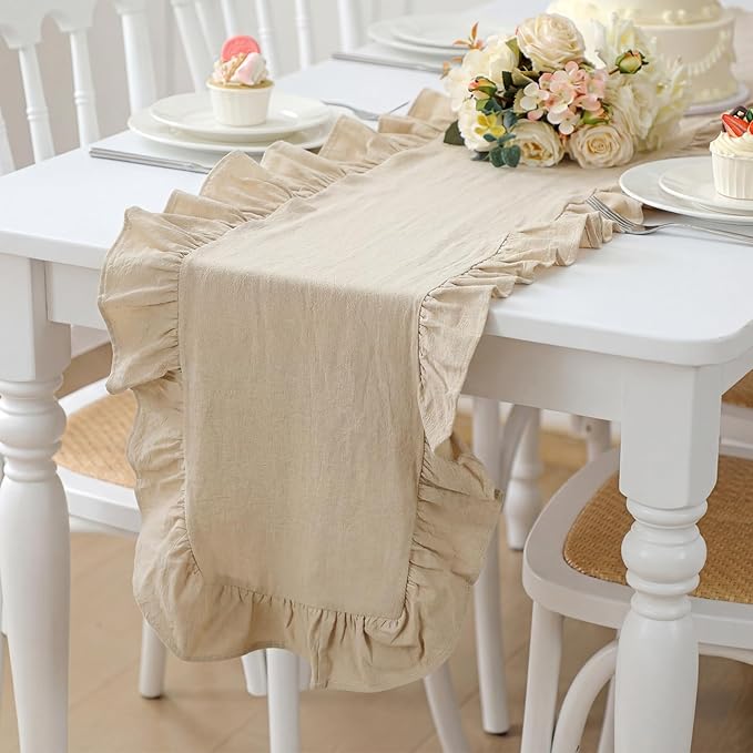 Natural Ruffled Table Runner 72 Inches Long Scalloped Table Runner Rustic Cotton Tabletop Farmhouse Decor for Baby Shower Bride Shower Birthday Party Holiday Wedding (Solid Color)