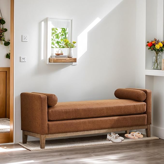 Chifee & Vingol 66" End of Bed Bench King Size Upholstered Leather Bench for Bedroom Entryway, Brown