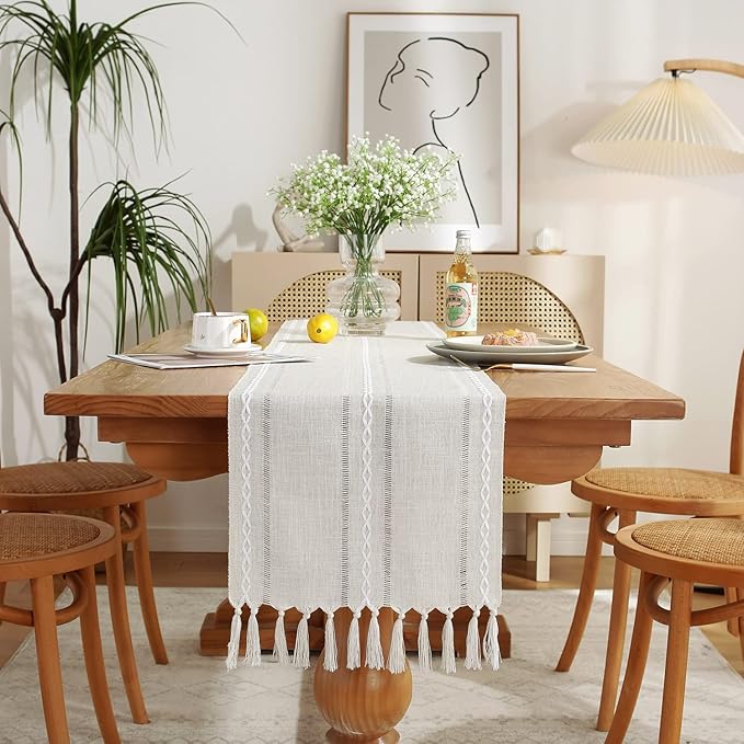 Rustic Farmhouse Style Linen Table Runner, Boho Handmade Tassel Embroidered Table Runners 60 Inches Long for Holiday Party, Wedding and Dining Decorations, 13 inchW X 60 inchL - Ivory