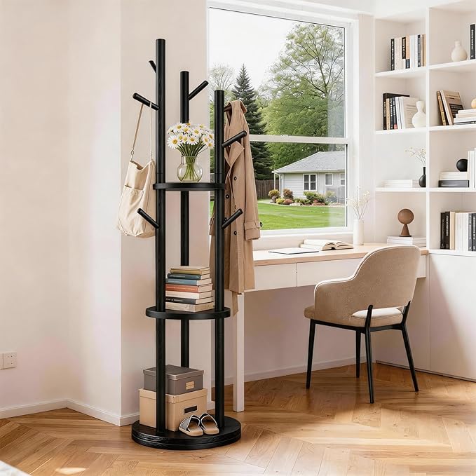 Solid Wood Rotary Coat Rack, Coat Rack Freestanding with 3 Storage Shelves & 9 hooks, Coat Tree for Entryway, Livingroom, Bedroom, Coat Hanger Stand for Coats, Scarves, Handbags, Hat (Black)