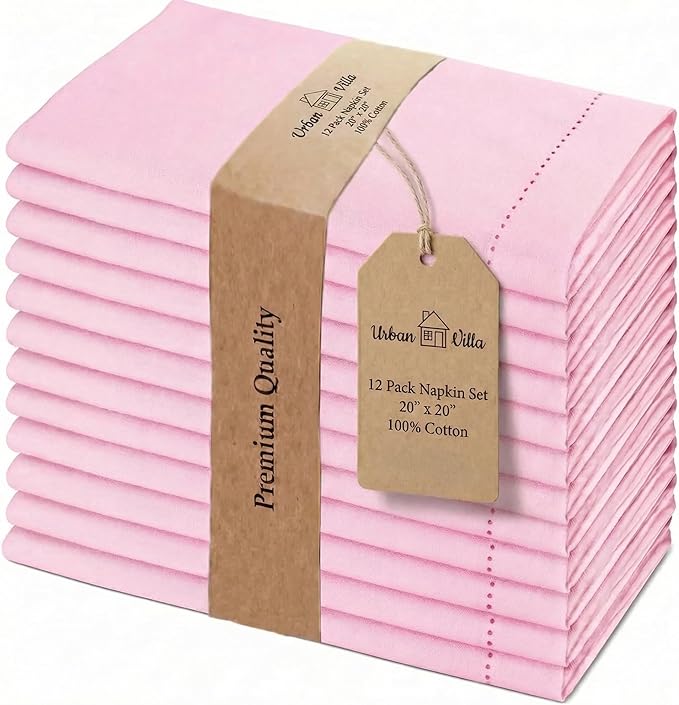 Urban Villa Cloth Napkins 100% Cotton Highly Absorbent Washable Reusable Premium Dinner Napkins Ideal for Gifts for Mothers Day Hotel Farmhouse Parties - Pink - Hemstitch (20" x 20", Set of 12)