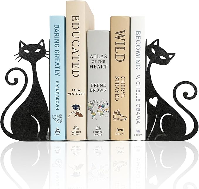 Atomic Cat Metal Bookends Set of 2 Cute Book Ends for Shelves Bookshelf Decorative Objects Home Office Desk Bookshelf Decor Gift for Cat Lovers and Reading Enthusiasts (Black)