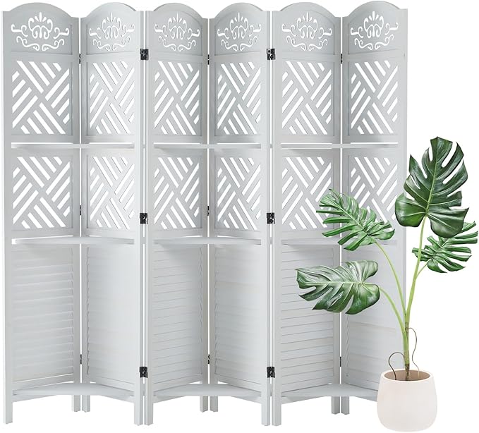 Room Divider with Shelves, 5.75ft Tall Folding Wood Carved Screen with Double Hinges for Home Office Bedroom Hotel Decoration (6 Panels, Pure White)