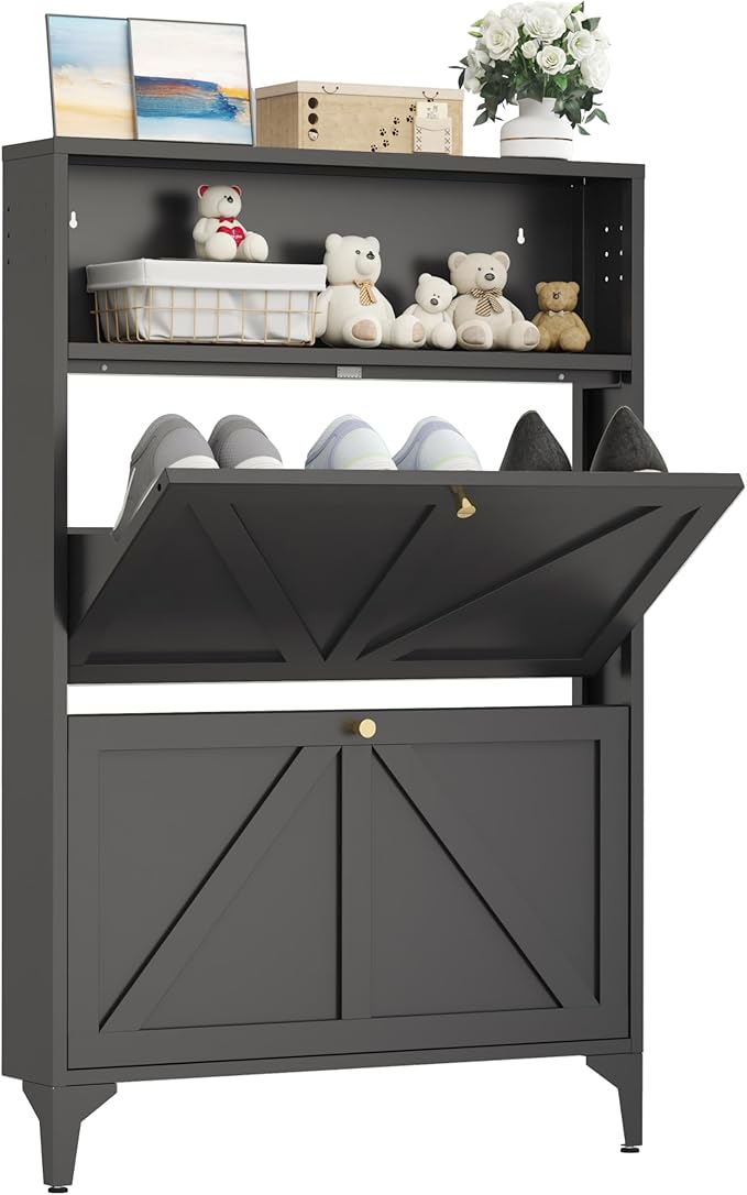 Shoe Storage Cabinet for Entryway with 2 Flip Drawers, Freestanding Shoe Organizer with Legs,Farmhouse Narrow Shoe Storage Cabinet for Entryway, Foyer,Living Room (2-Drawers, Black)