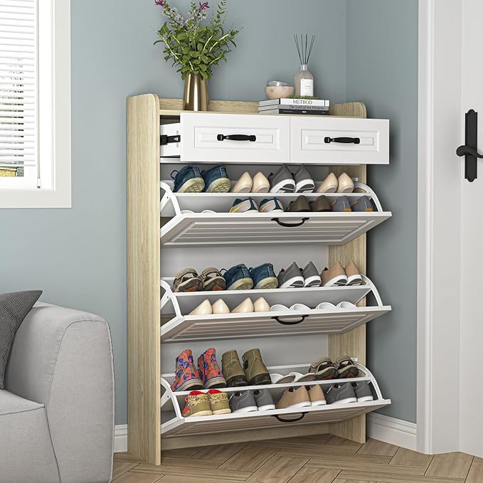 Large Shoe Cabinet for Entryway, Slim Hidden Shoe Storage Cabinet with 3 Flip Drawers and 2 Top Drawers,Shoe Rack Organizer Cabinet for Hallway, Brown and White