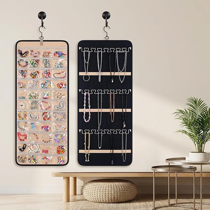 3 Pack Hanging Jewelry Organizer Storage with 48 Pockets and Hooks Dual-Sided Hanging Jewelry Organizers and Storage Hang on Closet, Wall, Door for Earrings, Necklaces, Rings,Blcak
