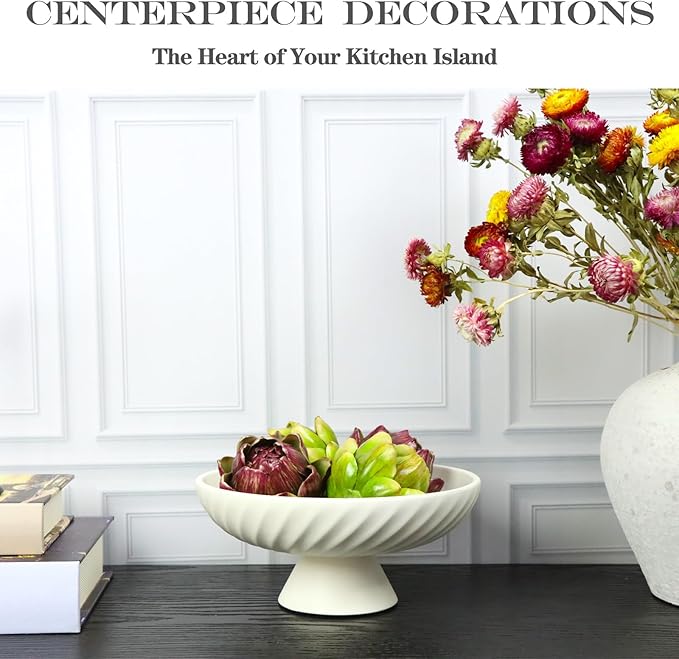 Decorative fruit bowl for Candy Keys Purse - Large Pedestal Decor Bowl for Kitchen Counter - Morden Round 10" Aesthetic Bowls for Coffee Entry Table Centerpiece Decor (White)
