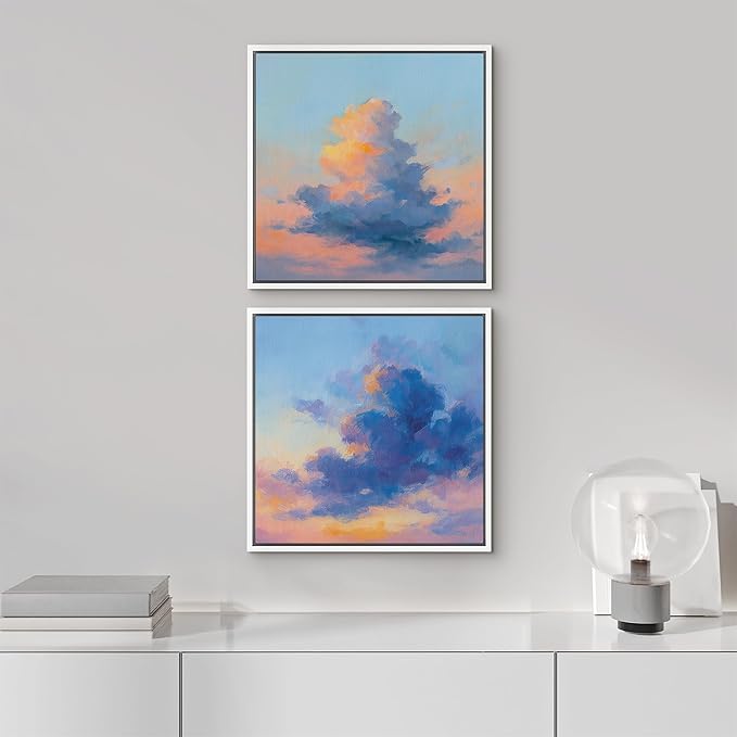 SIGNFORD Framed Canvas Print Wall Art Set Dreamy Cloud Sky Landscape Blue Pink Abstract Modern Art Relax/Calm for Living Room, Bedroom, Office - 24"x24"x2 WHITE