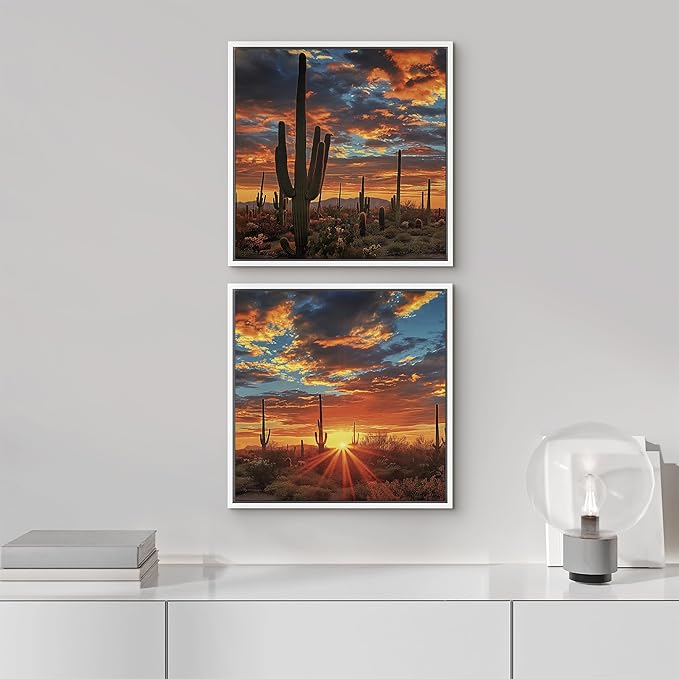 SIGNFORD Framed Canvas Print Wall Art Set Desert Sunset Cactus Artwork, Dramatic Sky Southwest Landscape Illustrations Modern Art Minimal Relax/Calm for Living Room, Bedroom, Office - 16"x16"x2 WHITE