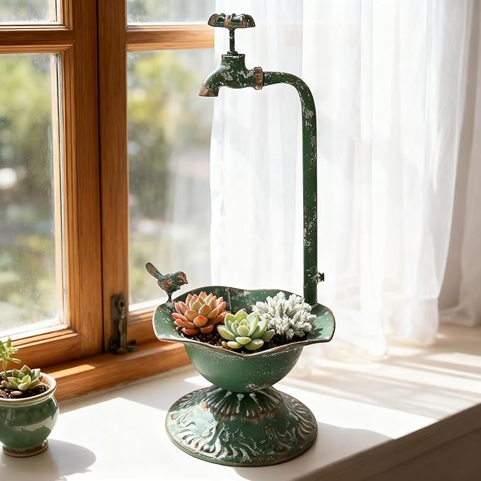 Unique Planters for Indoor Outdoor Plants, Rustic Succulent Planters, Outdoor Flower Pots, Indoor Succulent Plant Pots, Metal Tap Design, Home and Garden Decor (Green)