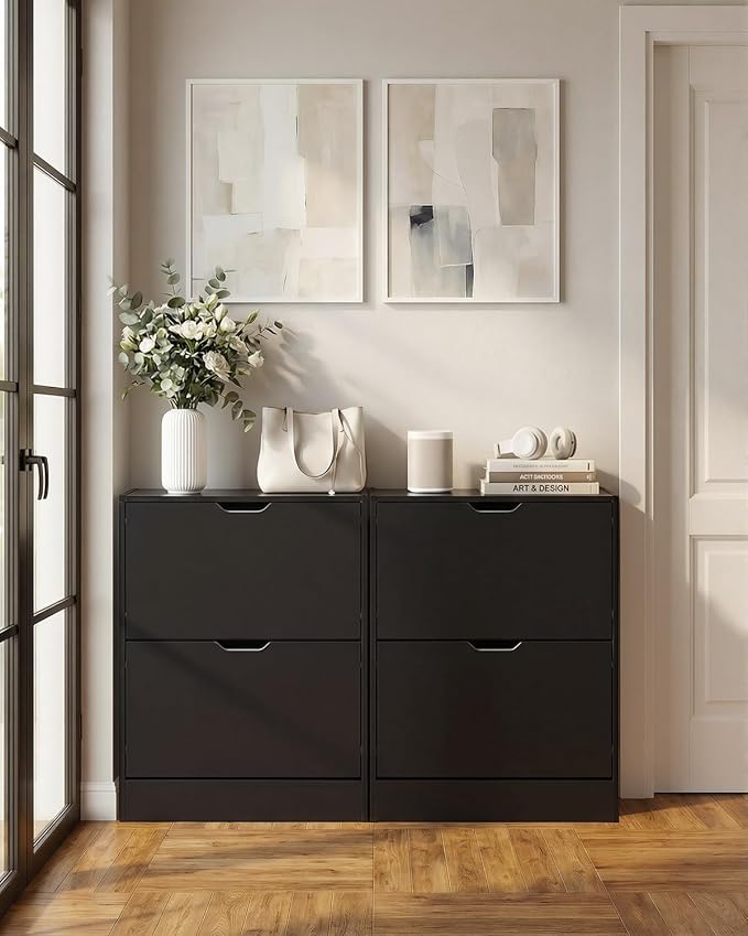 Shoe Cabinet Organizer with 2 Flip Drawers, Freestanding Narrow Rack with Adjustable & Removable Shelves, Slim Shoe Storage for Entryway, Foyer, Hallway, Black