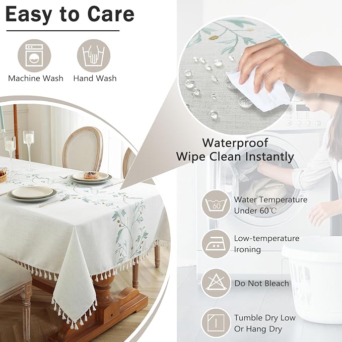 JIALE Heavy Duty Table Cloth Cotton Linen Waterproof Tablecloths Farmhouse Tablecloth, Soft and Wrinkle Free Table Cover with Tassels, Square, Green Flowers, 55''x55''