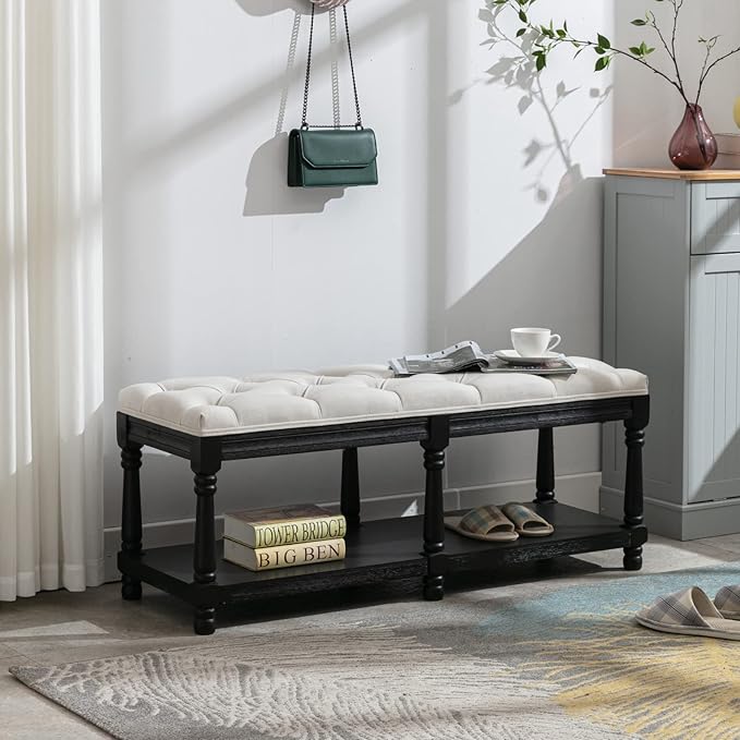 Farmhouse Storage Bench Wooden Entryway Linen Upholstered Ottoman Button Tufted Bench with Black Legs for Bedroom End of Bed Hallway Organizer, Beige, 45 Inch