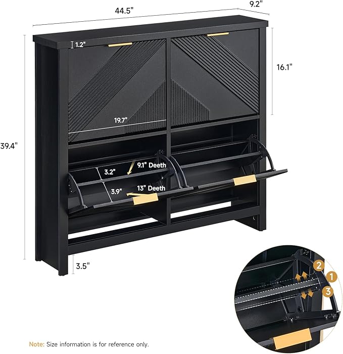 ONBRILL Shoe Cabinet with 4 Flip Drawers, 16-24 Pairs Shoe Organizer with Symmetric Groove Pattern, Freestanding Slim Hidden Shoe Storage Cabinet for Entryway, Hallway (Black)