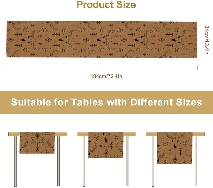Rustic Western Table Runner, Vintage Bull Skull Boho Tribal Geometric Print Table Runner for Kitchen Dining Party Home Decor, 13x108 Inch