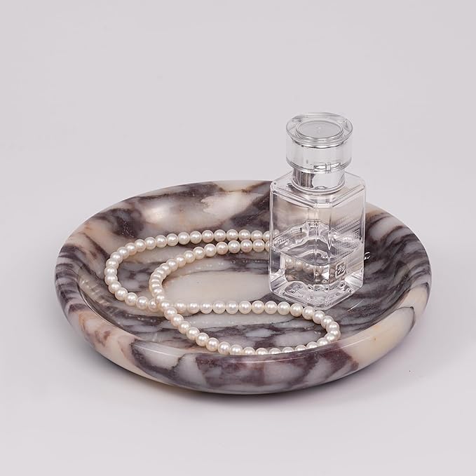 Trinket Marble Jewelry Tray - Stone Ring Key Purse Holder Dish, Small Cute Round Plate Decorative Bowl for Nightstand Entryway Coffee Table Decor (5.5 inch)