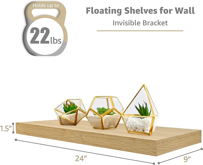 Sorbus Floating Shelves for Wall - 24" Bathroom Shelves, Wall Decor for Bedroom, Kitchen, Living Room, Home Decor & Book Storage - Mounted Floating Shelf with Invisible Brackets (Maple Wood, 3 Pack)