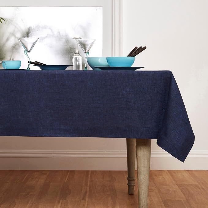 Solino Home Linen Tablecloth 60 x 120 Inch - 100% Pure Linen Chambray Navy Table Cloth for Rectangular Tables - Athena, Machine Washable Cloth Tablecloth for Summer, 4th of July