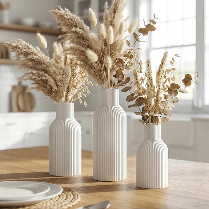 White Ceramic Vases Set of 3, Modern Matte Round 3D Vertical Ribbed, Nordic Minimalist for Pampas, Dried & Fresh Flowers, Centerpiece for Living Room, Shelf, Entryway, Wedding,Office