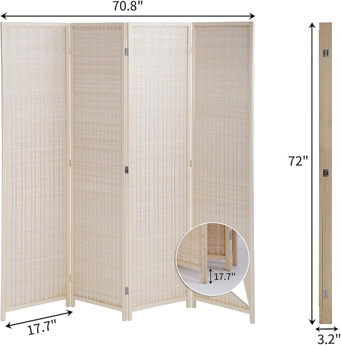 Room Dividers and Folding Privacy Screens, 4 Panel 72 Inch Tall Fold Up Portable Room Partition Divider, Handwork Bamboo Mesh Woven Design Wall Divider Freestanding for Bedroom, Livingroom(Natural)