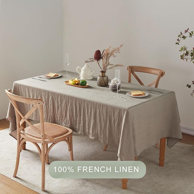 TOSMO 100% French Linen Tablecloth, Washable Farmhouse Rectangle Table Cloth for Kitchen, Dining, Party, Cocktail, Indoor and Outdoor Daily Use(60''x84'',Taupe)