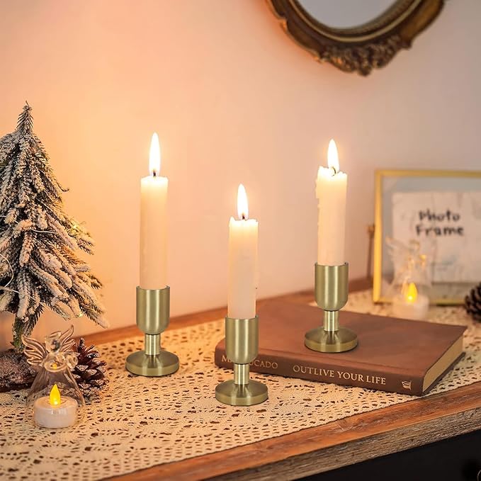 SHOHAYTO Vintage Gold Taper Candle Holders Set of 8, Gold Candlestick Holder for Dining Table, Wedding Centerpiece, or Festive Mantel Decor, Christmas Candle Holder
