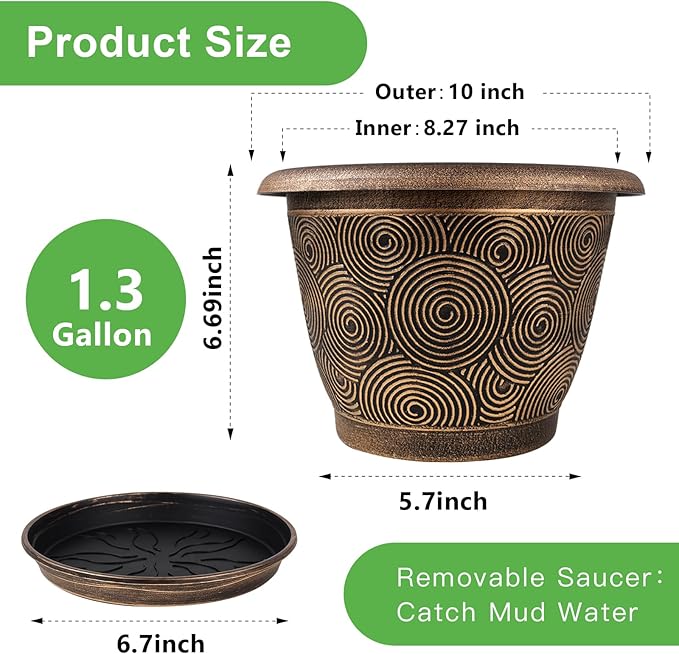 Fodetyff 10 Inch Flower Pots Planters for Indoor Outdoor Plants, 3 Pack Plastic Large Plant Pots with Drainage Hole & Tray, Modern Decorative Garden Pot with Saucer, Plant Container for House