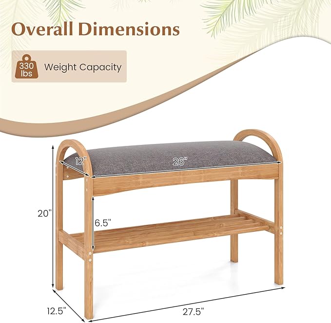 Giantex Shoe Rack Bench, Bamboo 2-Tier Entryway Bench with Padded Cushion, Shoe Storage Bench for Hallway, Closet, Foyer, Living Room, Bedroom, Mudroom