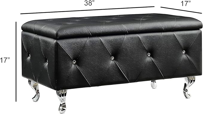 AC Pacific Glam 38 Inches Storage Ottoman Bench for Entryway, Hallway, Living Room, and Bedroom, Upholstered Tufted Faux Leather Ottoman with Storage, Foot Rest and Organizer, Midnight