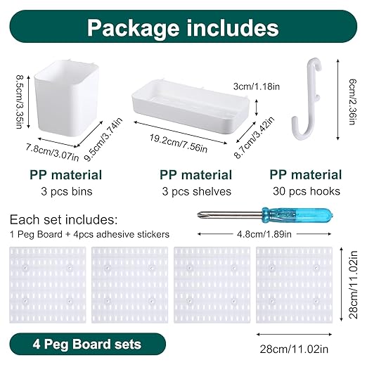 Wall Mount Peg Board Organizer 45pcs Kit, 4 Panels and 41 Accessories Pegboard Wall Organizer with Hooks, Bins, Shelves, DIY Tool Storage Pegboards Kits for Home Office Space Saving (White, 22"×22")