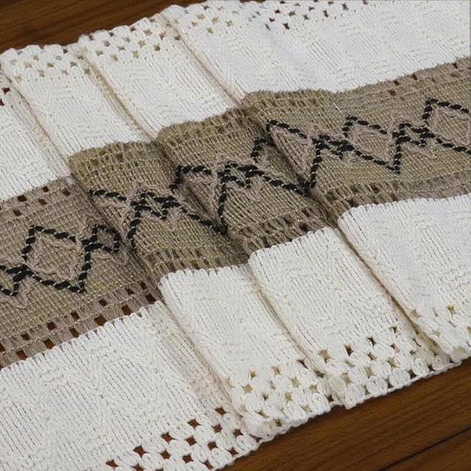 EMMTEEY Macrame Table Runner Boho Style - Cotton Linen, Hexagonal Grid with Tassels, Heat Resistant & Scratch Proof for Dining Table, Bedroom, Home Decor (12x72 Inch, White Brown)