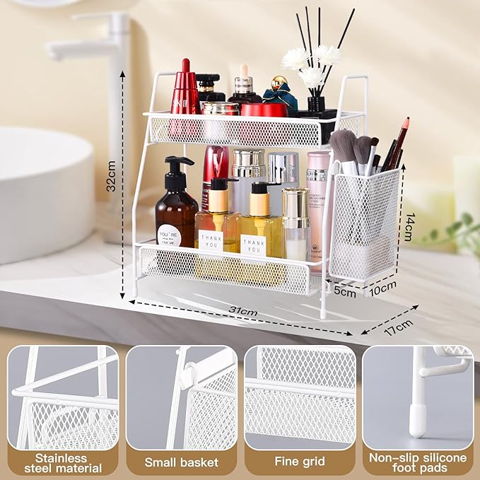 Bathroom Countertop Organizer with Basket, 2-Tier Bathroom Tray for Countertop Storage Shelf, Vanity Organizer and Storage Kitchen Counter Organizers Spice Rack(White)