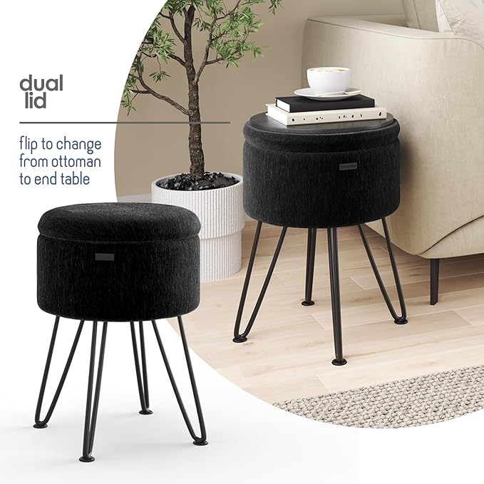 Round Ottoman with Storage, Textured Velvet Storage Ottoman, Foot Stool Ottomans, Makeup Vanity Stool, Small Ottomans Foot Rest, Modern Vanity Stools for Living Room and Bedroom, Black