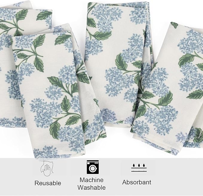 Sage Green Hydrangea Cloth Napkins Set of 12,Blue and White Vintage Floral Dinner Napkins Natural Linen Cotton -Reusable, Premium Hotel Quality Party Napkin Towels for Everyday Use, Weddings
