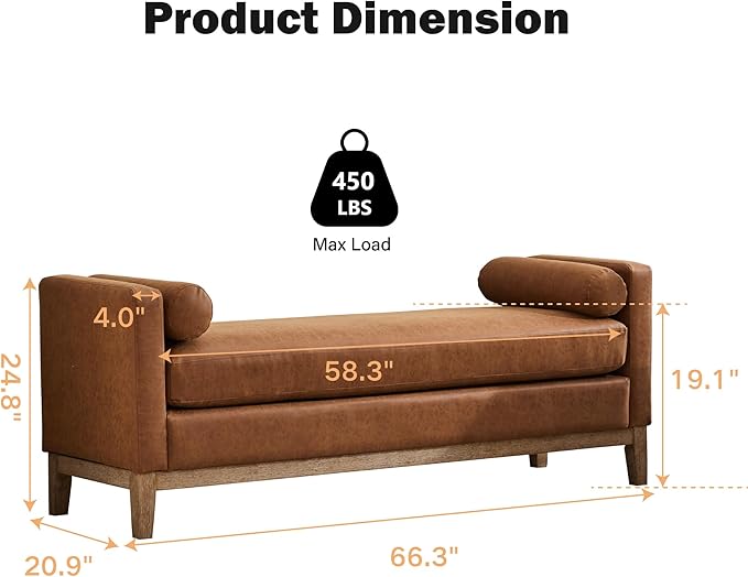 Chifee & Vingol 66" End of Bed Bench King Size Upholstered Leather Bench for Bedroom Entryway, Brown