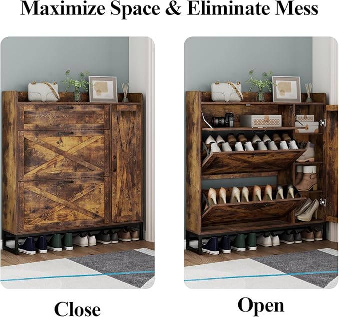 Auromie Rustic Plus: Free Standing Shoe Organizer with 2 Flip Drawers and Adjustable Side Cabinet for Narrow Entryway and Living Room