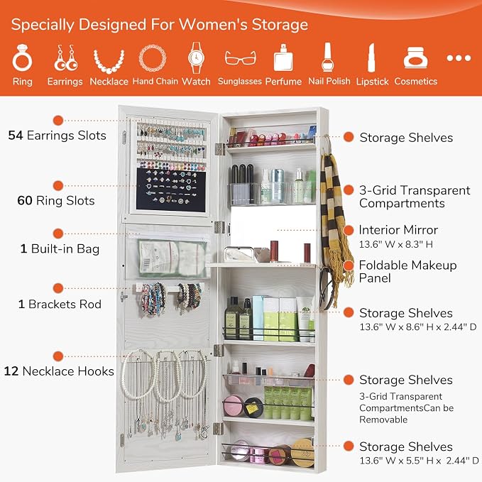 GISSAR Jewelry Mirror Armoire Wall Mount Over The Door Mirror Jewelry Cabinet Storage Mirror Organizer Lockable Full Length Door Mirror(White Oak)