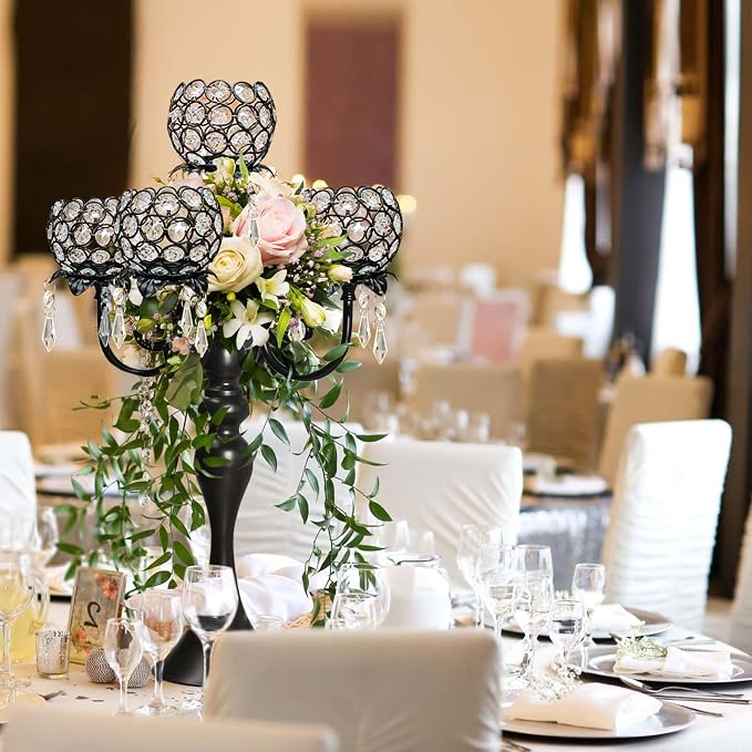 22.5" Black Metal & Crystal Tea Light Candle Holder - Wedding, Party Centerpiece for Events, Decorative Chandelier (1, Black)