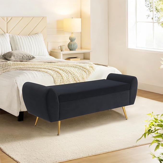 Storage Bench for Bedroom, 55" Extra Long Bench for King Size Bed, Modern Upholstered End of Bed Ottoman Bench with Arms for Entryway Living Room (Velvet, Black)