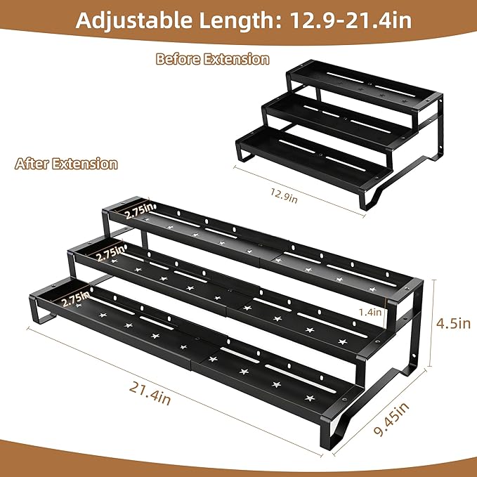 SANKEU Expandable Spice Rack Organizer for Cabinet 3 Tiered Metal Seasoning Organization with Guardrails Spice Shelf Storage for Jars Adjustable Length 13"-21" Black 1Pack