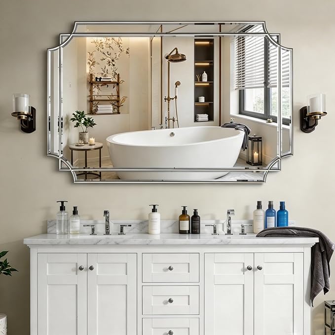 Geometric Beveled Mirror, 48" x 31.6" Silver Art Deco Mirror with Silver Wood Frame, Large Rectangle Accent Wall Mirror for Entryway Bathroom Living Room Bedroom, Horizontal/Vertical Hanging