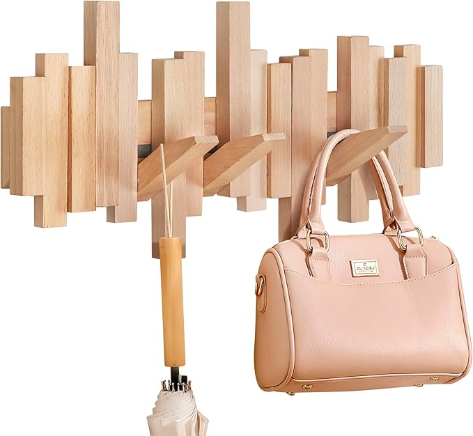 Ufine Wood Wall Mounted Coat Rack with 6 Flip-Down Hooks 16 Inch Wall Hooks for Hanging in Entryway, Bathroom, Home Office